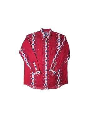 Vtg Wrangler Western Shirts - Red Aztec Long Sleeve Pearl Snap - Mens 2XLT